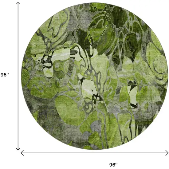 8' Fern Green And Gray Abstract Distressed Washable Round Rug With UV Protection Photo 9