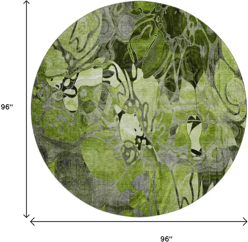 8' Fern Green And Gray Abstract Distressed Washable Round Rug With UV Protection Photo 9