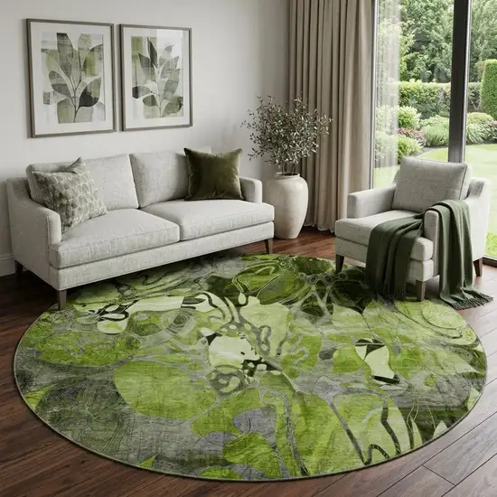 8' Fern Green And Gray Abstract Distressed Washable Round Rug With UV Protection Photo 1