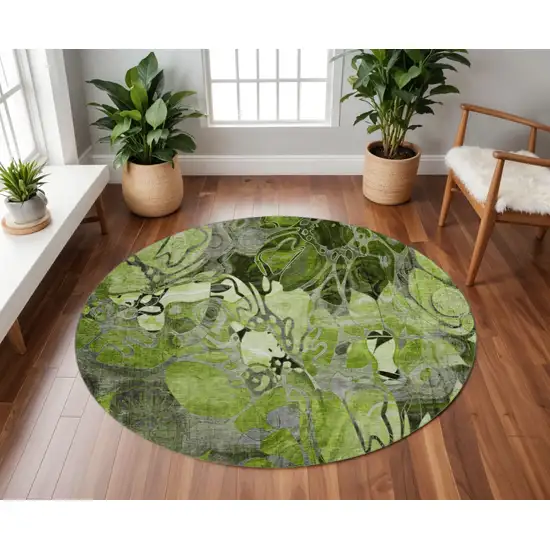 8' Fern Green And Gray Floral Washable Round Rug With UV Protection Photo 2