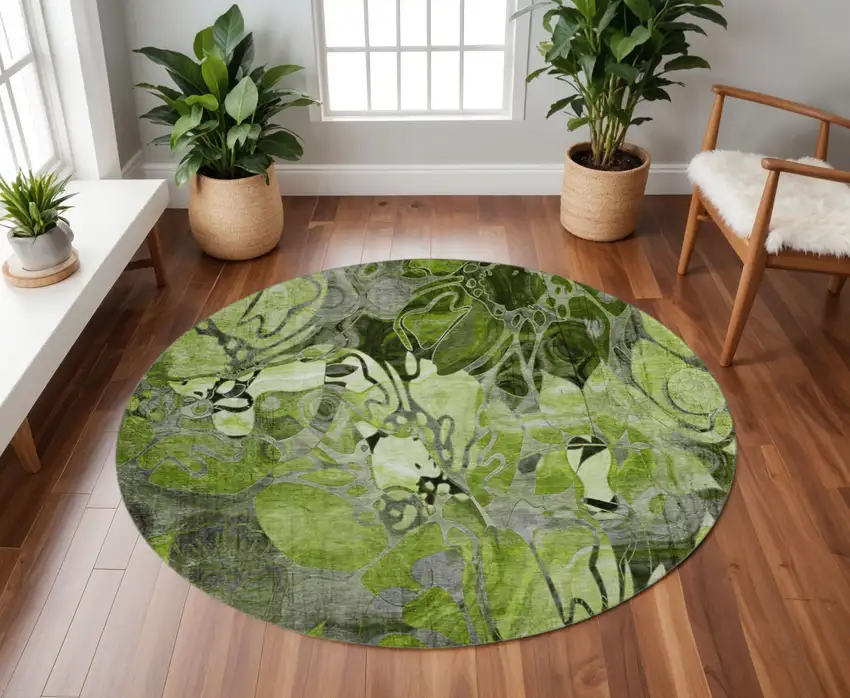 8' Fern Green And Gray Floral Washable Round Rug With UV Protection Photo 2