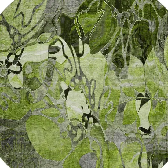8' Fern Green And Gray Floral Washable Round Rug With UV Protection Photo 3