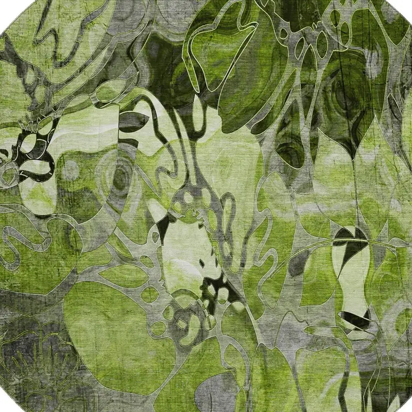 8' Fern Green And Gray Floral Washable Round Rug With UV Protection Photo 3