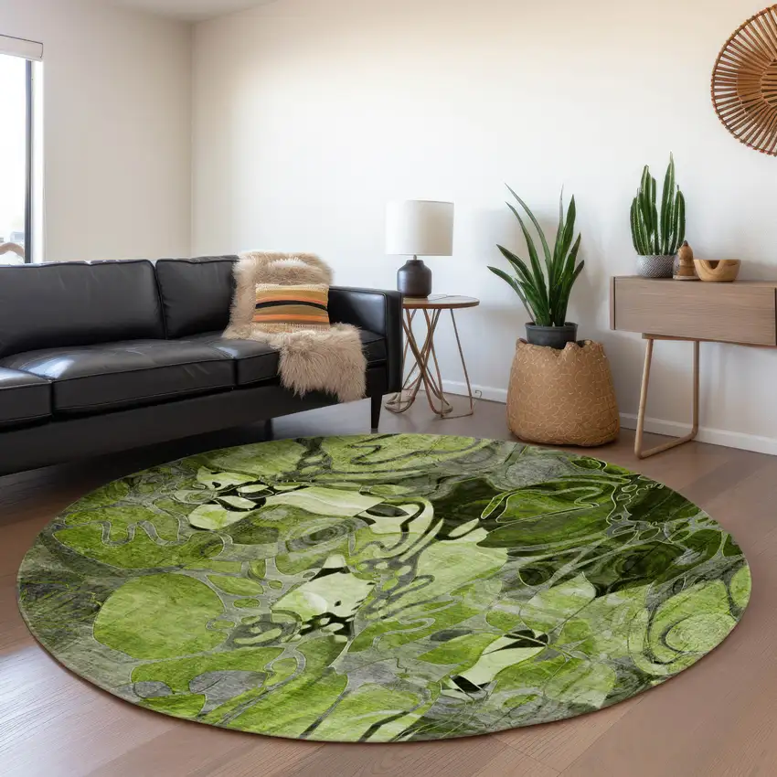 8' Fern Green And Gray Floral Washable Round Rug With UV Protection Photo 5