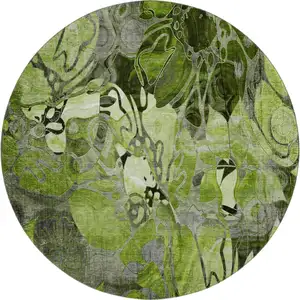Photo of 8' Fern Green And Gray Floral Washable Round Rug With UV Protection