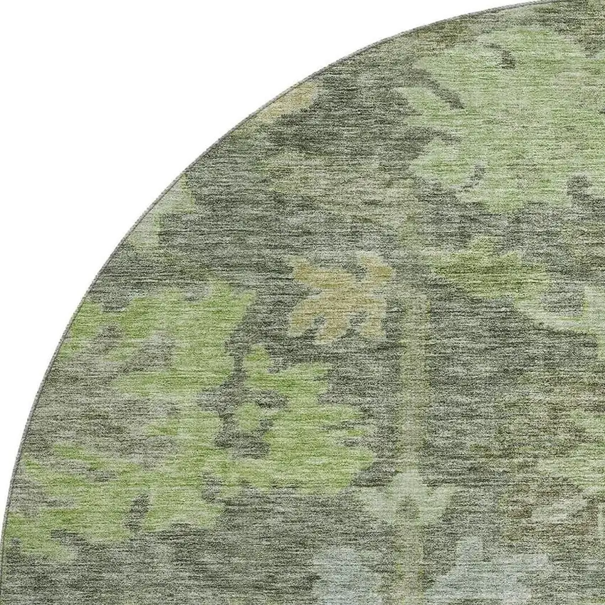 8' Fern Green And Gray Floral Washable Round Rug With UV Protection Photo 2