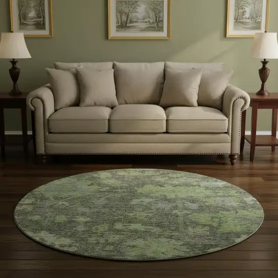 8' Fern Green And Gray Floral Washable Round Rug With UV Protection Photo 1