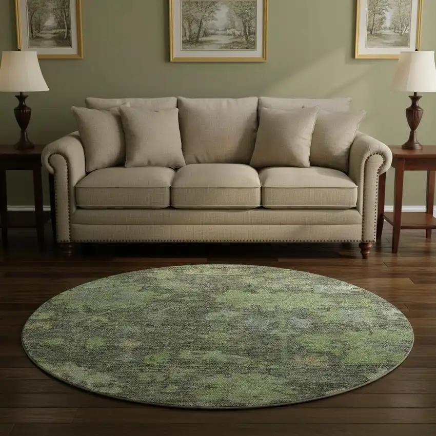 8' Fern Green And Gray Floral Washable Round Rug With UV Protection Photo 1