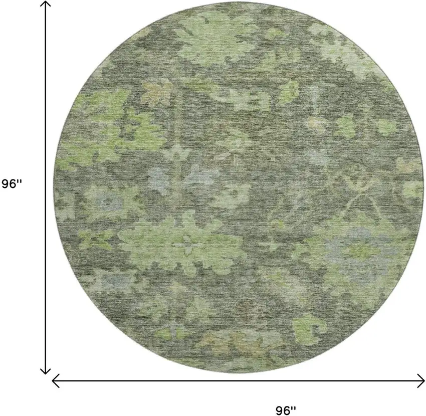 8' Fern Green And Gray Floral Washable Round Rug With UV Protection Photo 9