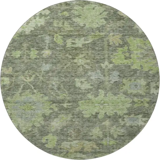 8' Fern Green And Gray Floral Washable Round Rug With UV Protection Photo 3