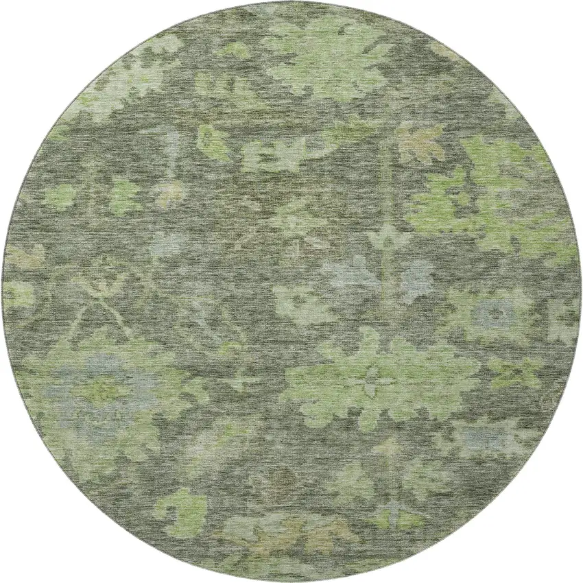 8' Fern Green And Gray Floral Washable Round Rug With UV Protection Photo 3