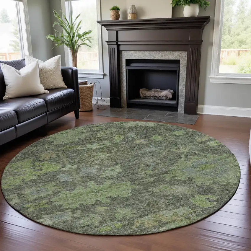 8' Fern Green And Gray Floral Washable Round Rug With UV Protection Photo 4