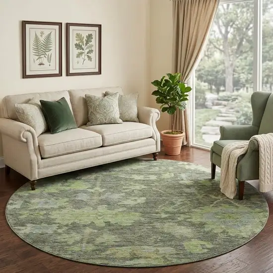 8' Fern Green And Gray Floral Washable Round Rug With UV Protection Photo 1