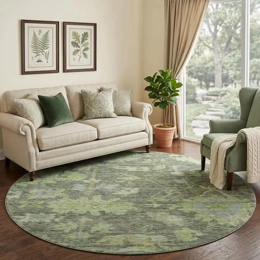 8' Fern Green And Gray Floral Washable Round Rug With UV Protection Photo 1
