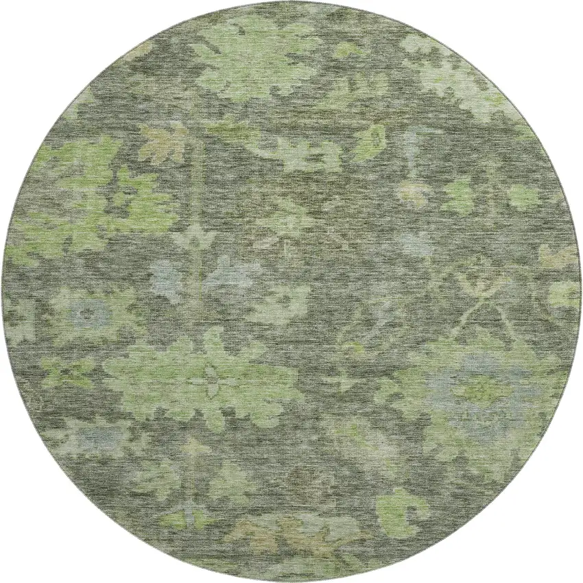 8' Fern Green And Gray Floral Washable Round Rug With UV Protection Photo 1