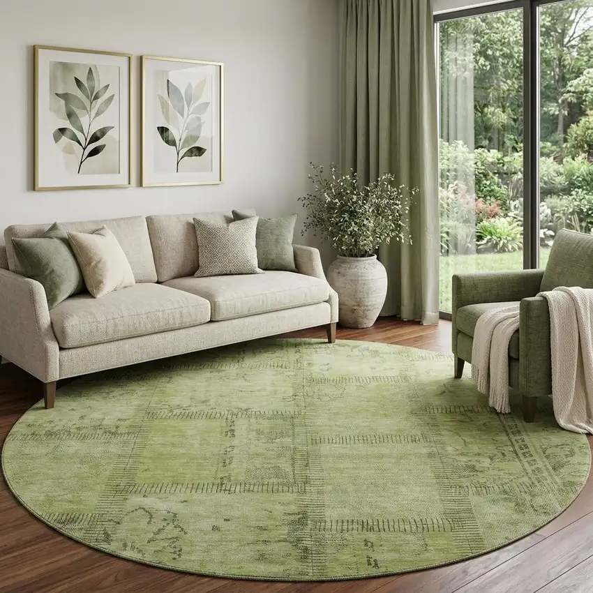 8' Fern Green And Gray Patchwork Washable Round Rug With UV Protection Photo 1