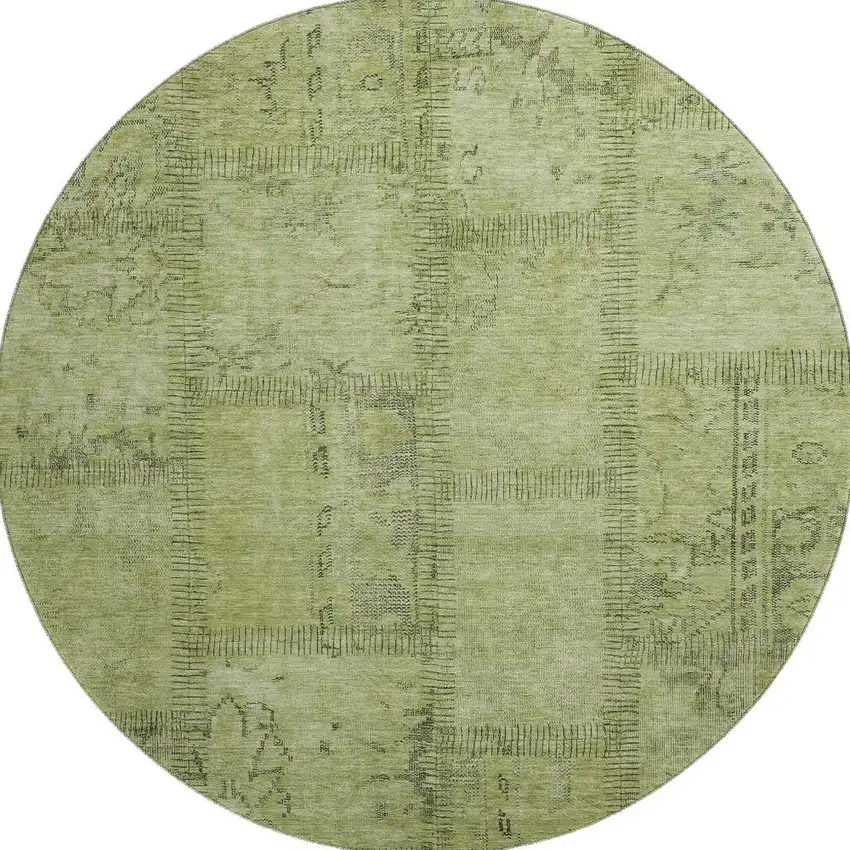 8' Fern Green And Gray Patchwork Washable Round Rug With UV Protection Photo 1