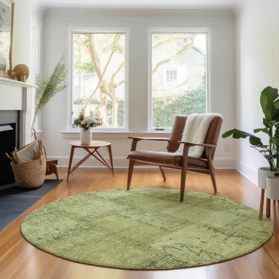 8' Fern Green And Gray Patchwork Washable Round Rug With UV Protection Photo 4