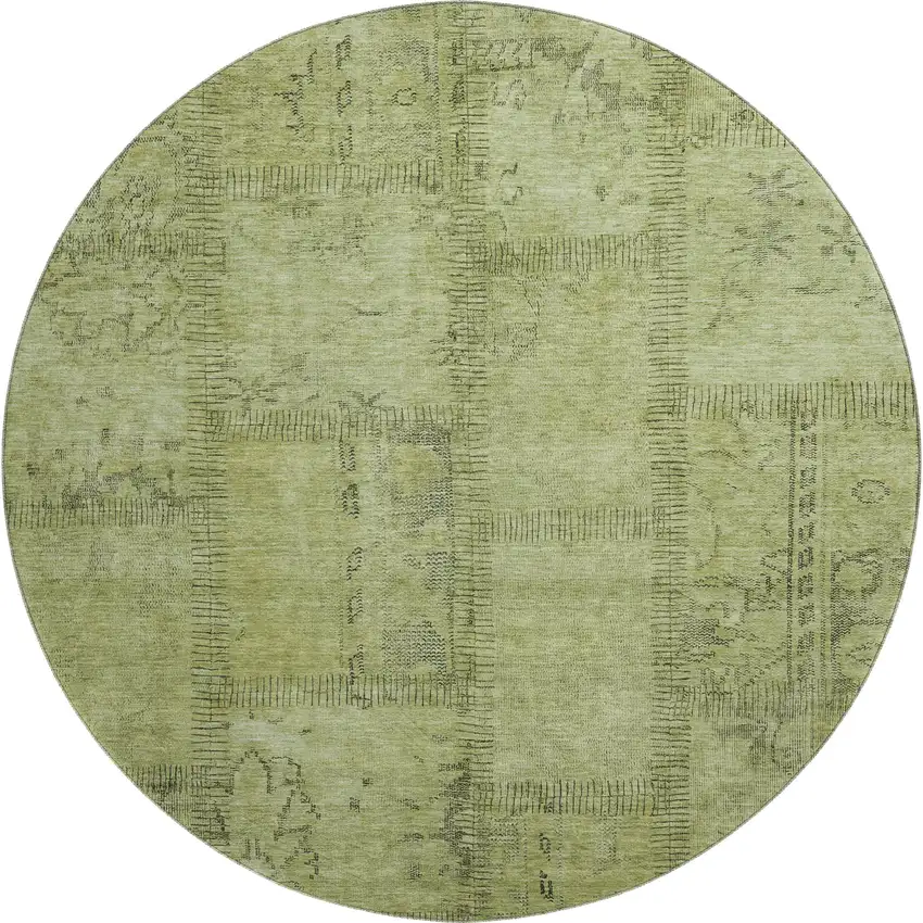 8' Fern Green And Gray Patchwork Washable Round Rug With UV Protection Photo 6