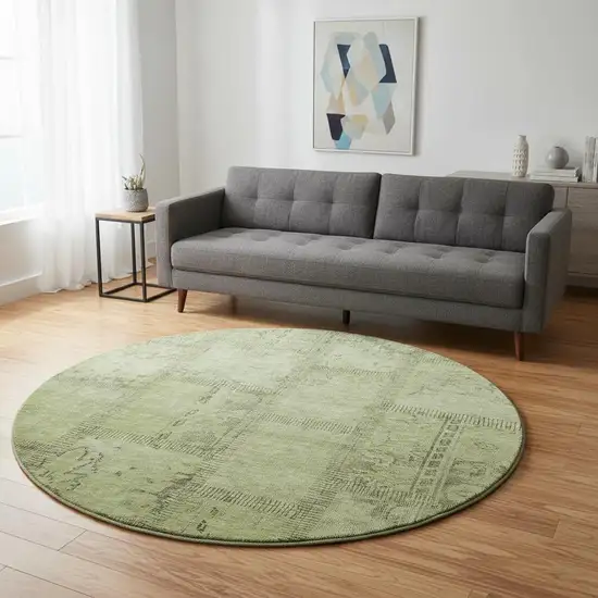8' Fern Green And Gray Patchwork Washable Round Rug With UV Protection Photo 2
