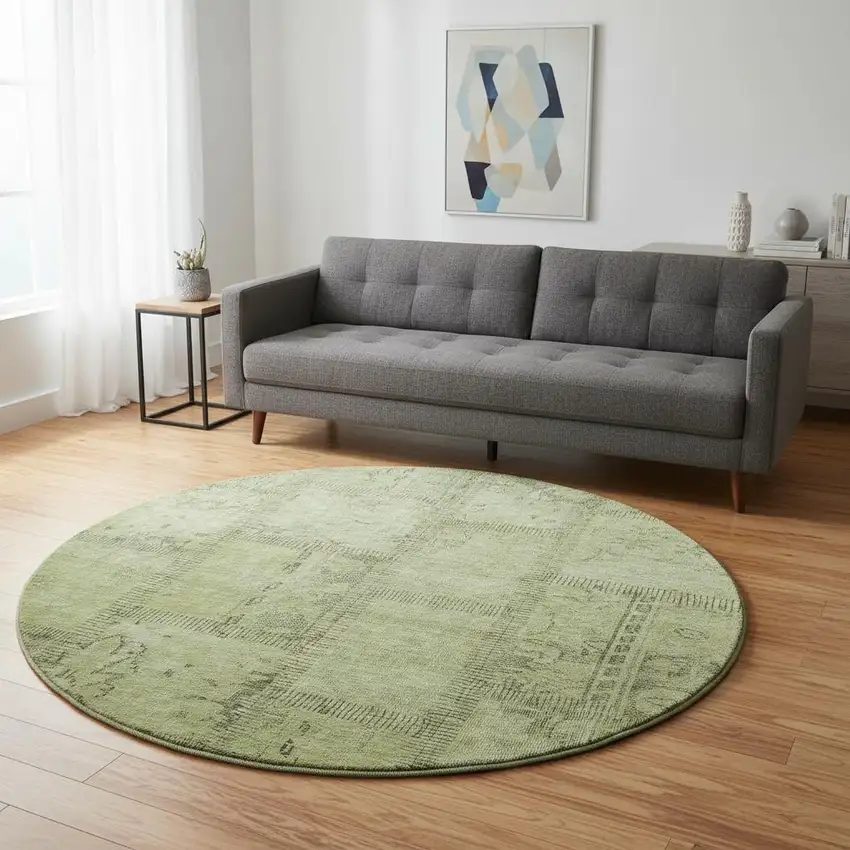 8' Fern Green And Gray Patchwork Washable Round Rug With UV Protection Photo 2