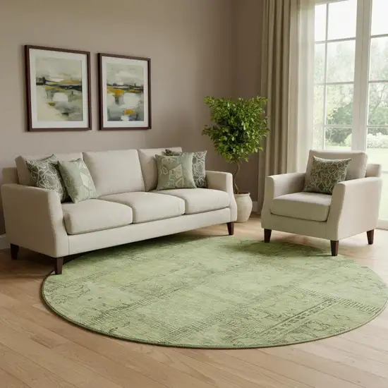 8' Fern Green And Gray Patchwork Washable Round Rug With UV Protection Photo 1