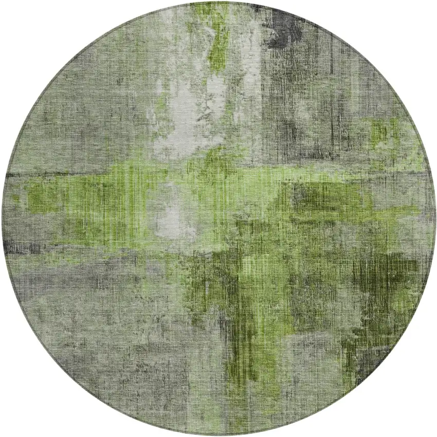 8' Fern Green And Gray Round Abstract Washable Indoor Outdoor Area Rug Photo 1