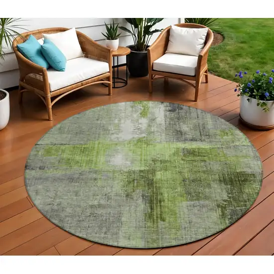8' Fern Green And Gray Round Abstract Washable Indoor Outdoor Area Rug Photo 2