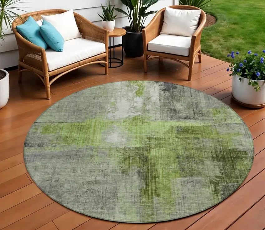 8' Fern Green And Gray Round Abstract Washable Indoor Outdoor Area Rug Photo 2