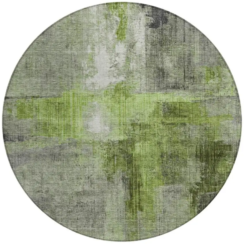 8' Fern Green And Gray Round Abstract Washable Indoor Outdoor Area Rug Photo 4
