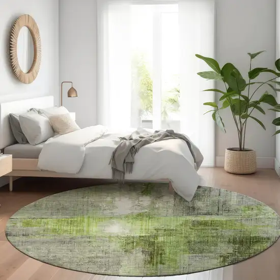 8' Fern Green And Gray Round Abstract Washable Indoor Outdoor Area Rug Photo 6