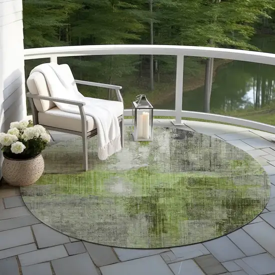 8' Fern Green And Gray Round Abstract Washable Indoor Outdoor Area Rug Photo 5