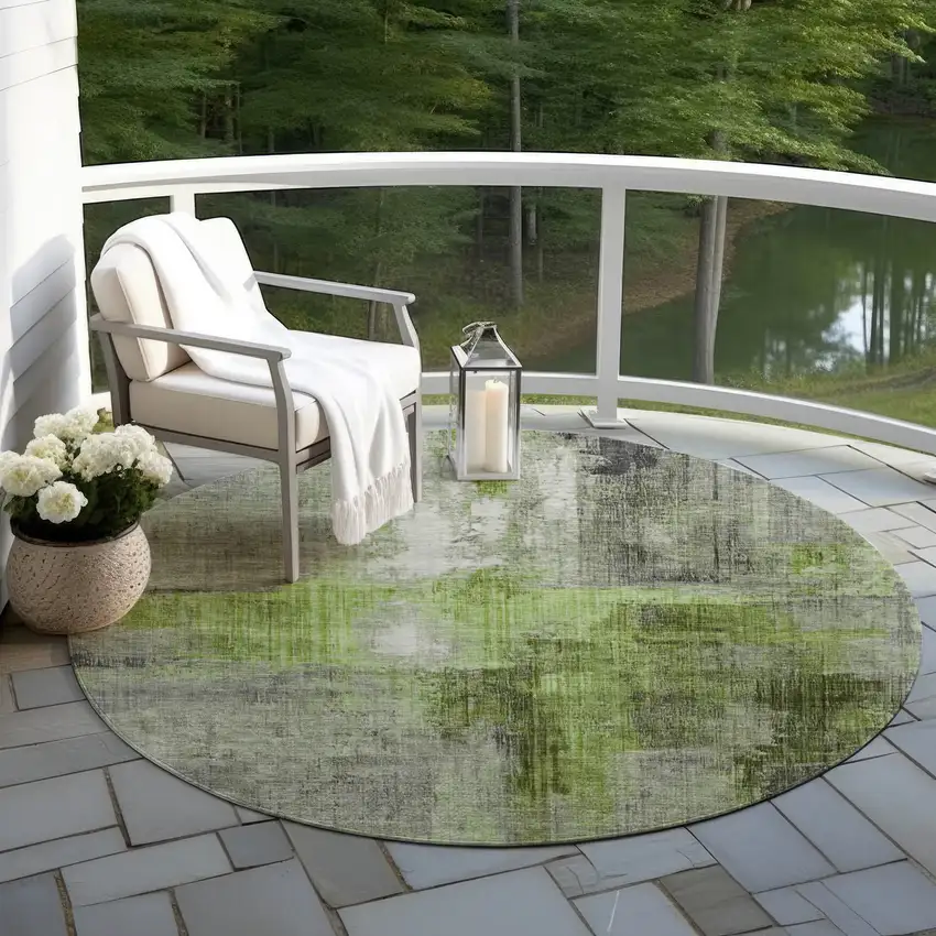 8' Fern Green And Gray Round Abstract Washable Indoor Outdoor Area Rug Photo 5