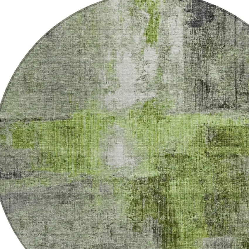 8' Fern Green And Gray Round Abstract Washable Indoor Outdoor Area Rug Photo 8