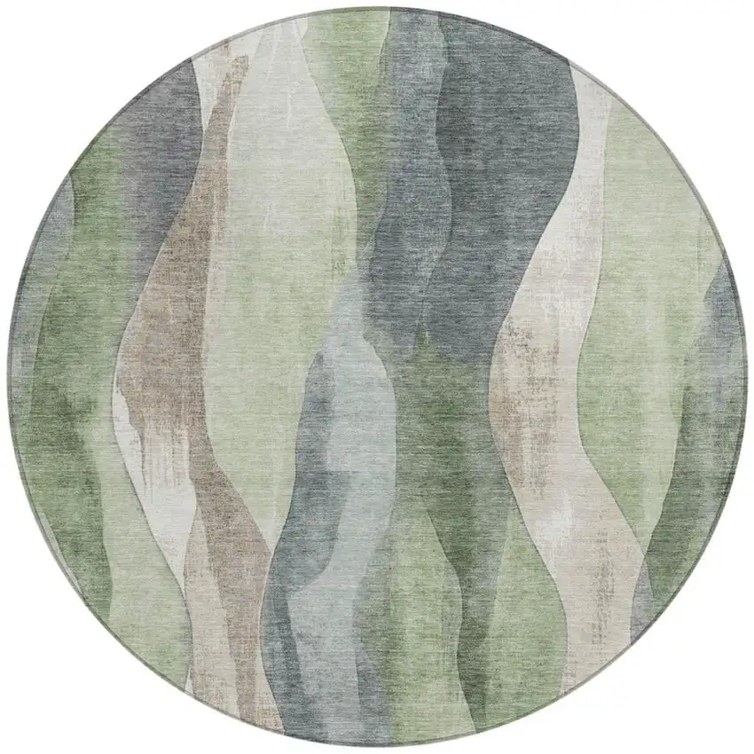 8' Fern Green And Gray Round Abstract Washable Indoor Outdoor Area Rug Photo 3