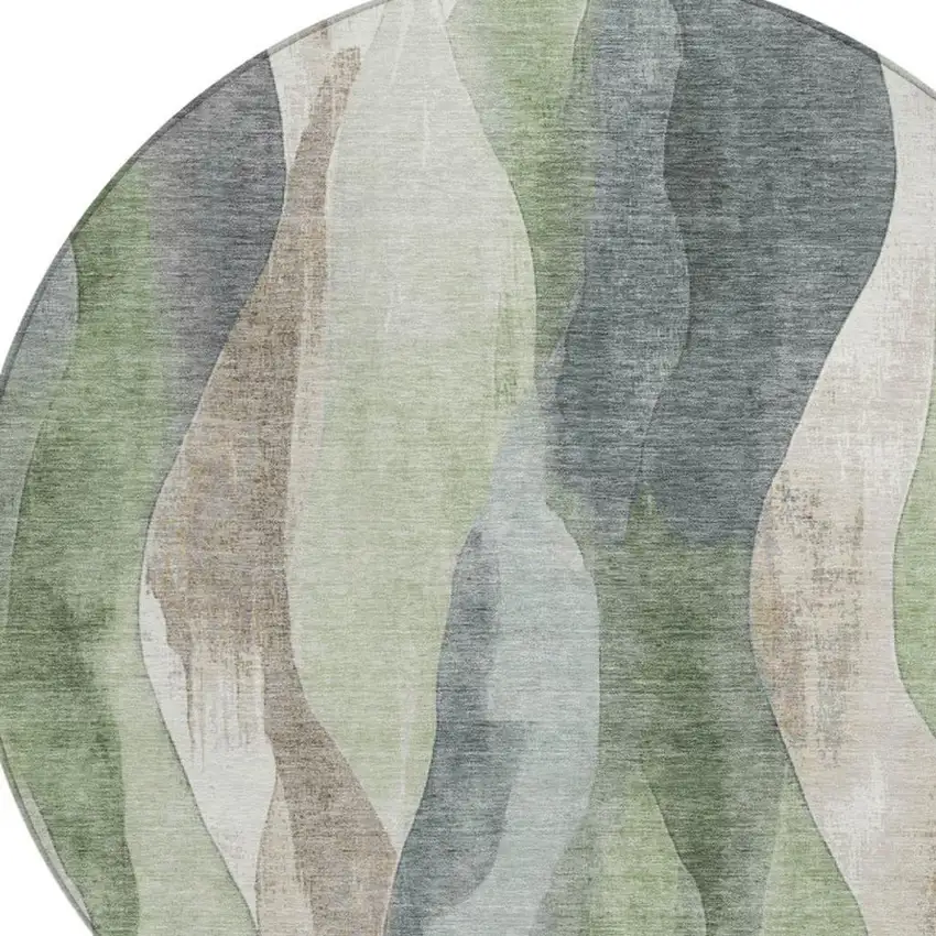 8' Fern Green And Gray Round Abstract Washable Indoor Outdoor Area Rug Photo 8