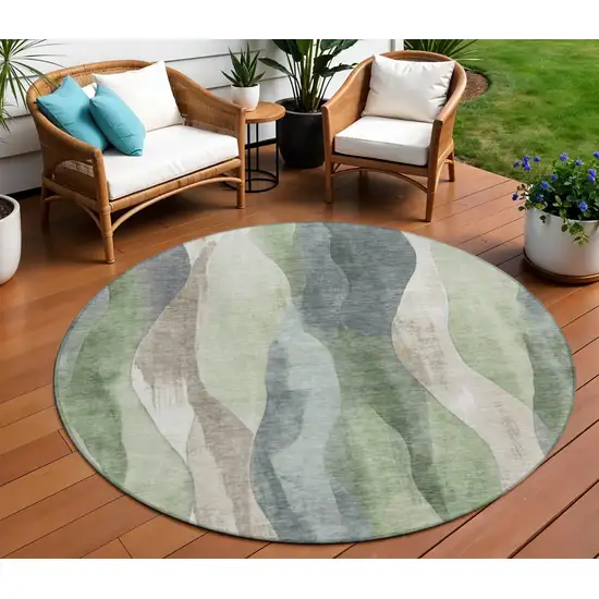 8' Fern Green And Gray Round Abstract Washable Indoor Outdoor Area Rug Photo 2