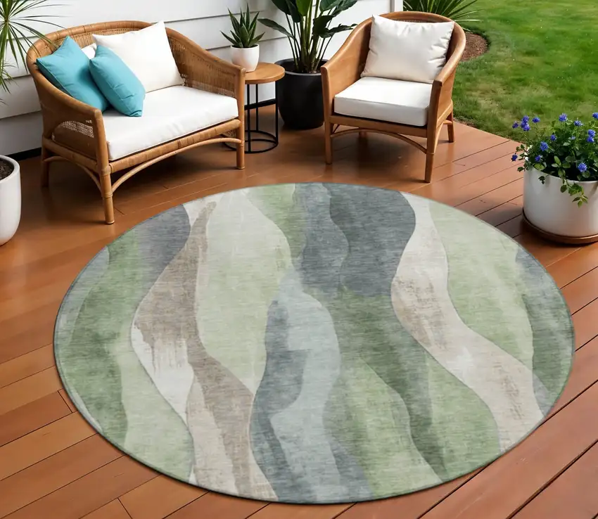 8' Fern Green And Gray Round Abstract Washable Indoor Outdoor Area Rug Photo 2