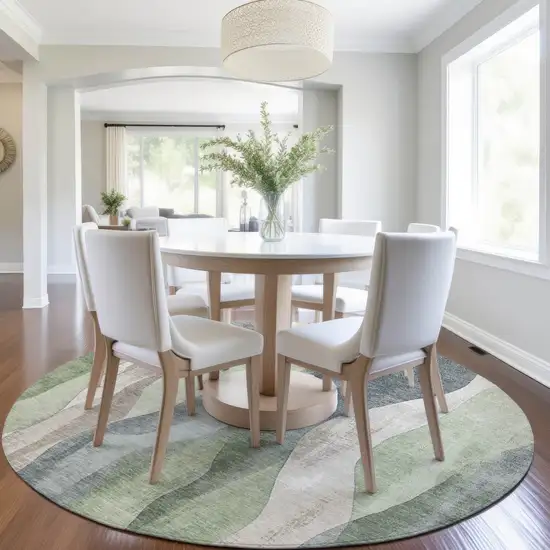 8' Fern Green And Gray Round Abstract Washable Indoor Outdoor Area Rug Photo 6