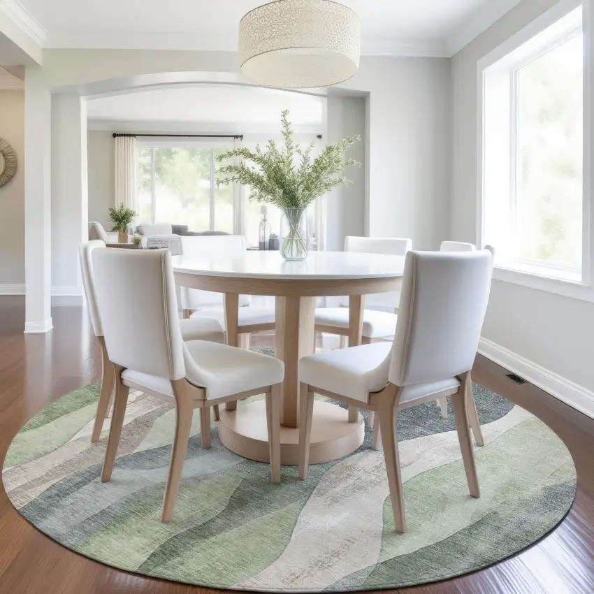 8' Fern Green And Gray Round Abstract Washable Indoor Outdoor Area Rug Photo 6