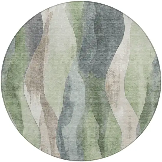 8' Fern Green And Gray Round Abstract Washable Indoor Outdoor Area Rug Photo 1