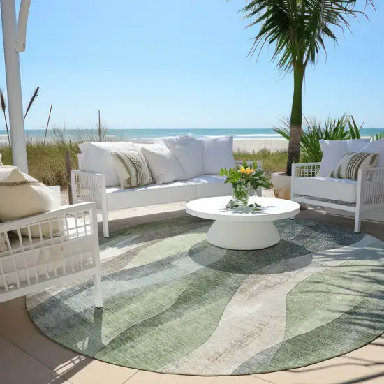 8' Fern Green And Gray Round Abstract Washable Indoor Outdoor Area Rug Photo 5