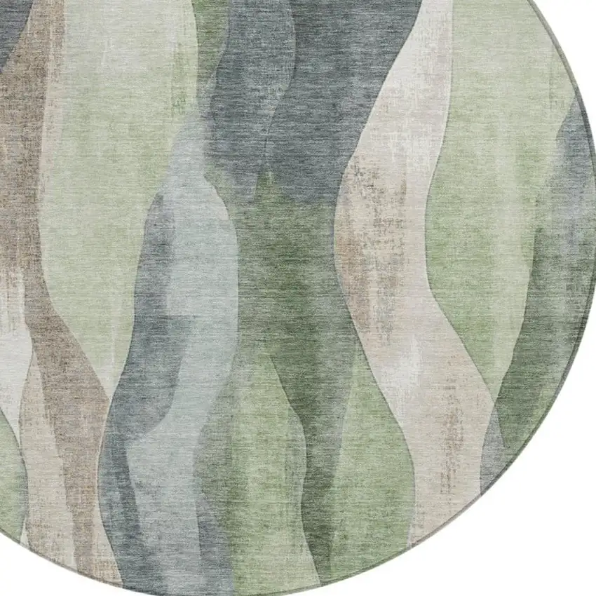 8' Fern Green And Gray Round Abstract Washable Indoor Outdoor Area Rug Photo 4