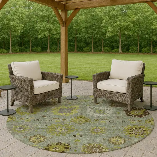 8' Fern Green And Gray Round Damask Washable Indoor Outdoor Area Rug Photo 8