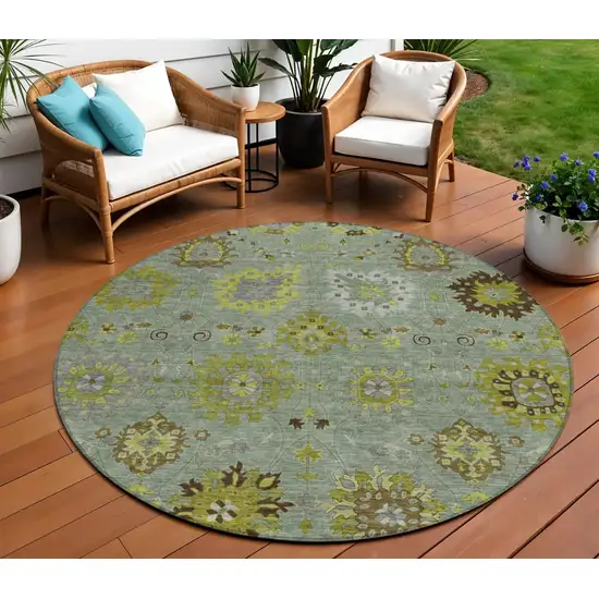 8' Fern Green And Gray Round Damask Washable Indoor Outdoor Area Rug Photo 1
