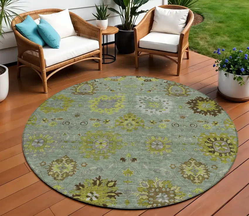 8' Fern Green And Gray Round Damask Washable Indoor Outdoor Area Rug Photo 1