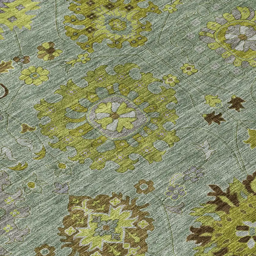 8' Fern Green And Gray Round Damask Washable Indoor Outdoor Area Rug Photo 7