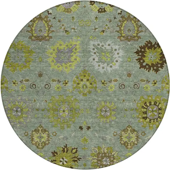 8' Fern Green And Gray Round Damask Washable Indoor Outdoor Area Rug Photo 2