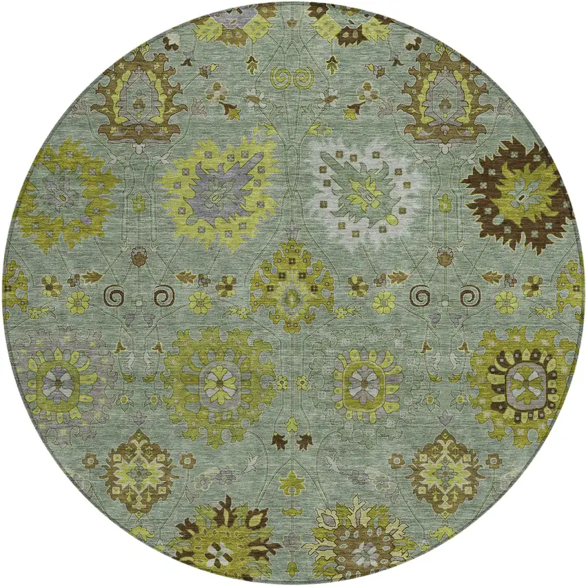 8' Fern Green And Gray Round Damask Washable Indoor Outdoor Area Rug Photo 2