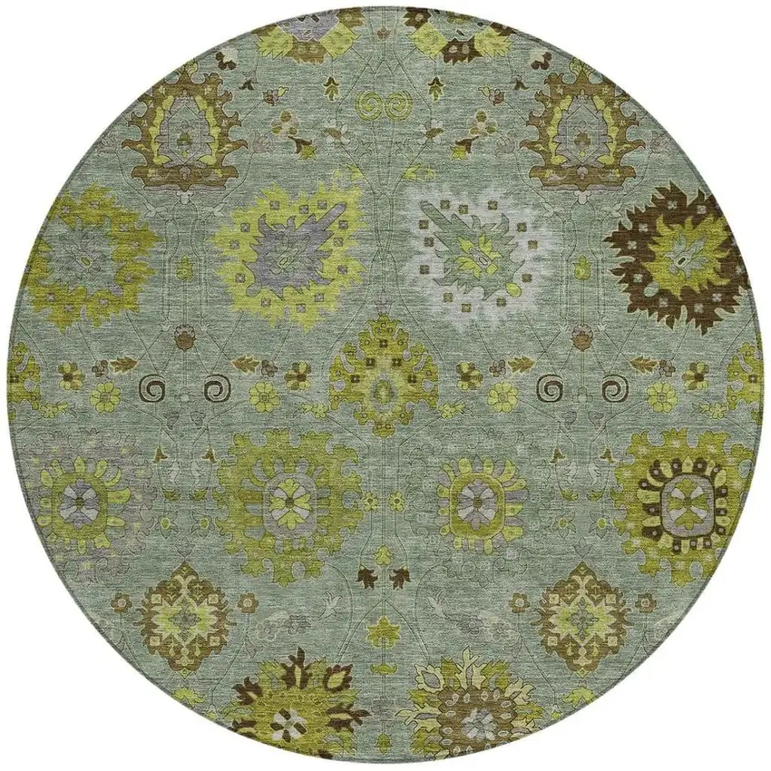 8' Fern Green And Gray Round Damask Washable Indoor Outdoor Area Rug Photo 4